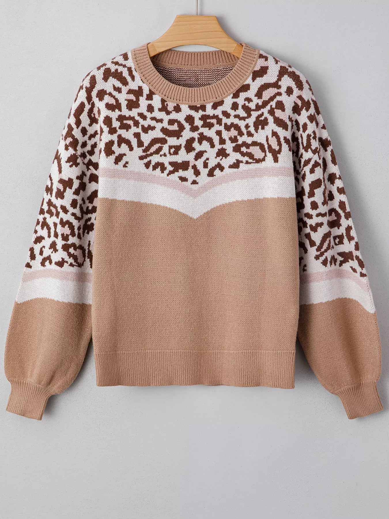 Leopard Color Block Knit Round Neck Baggy Sweater 