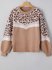 Leopard Color Block Knit Round Neck Baggy Sweater 