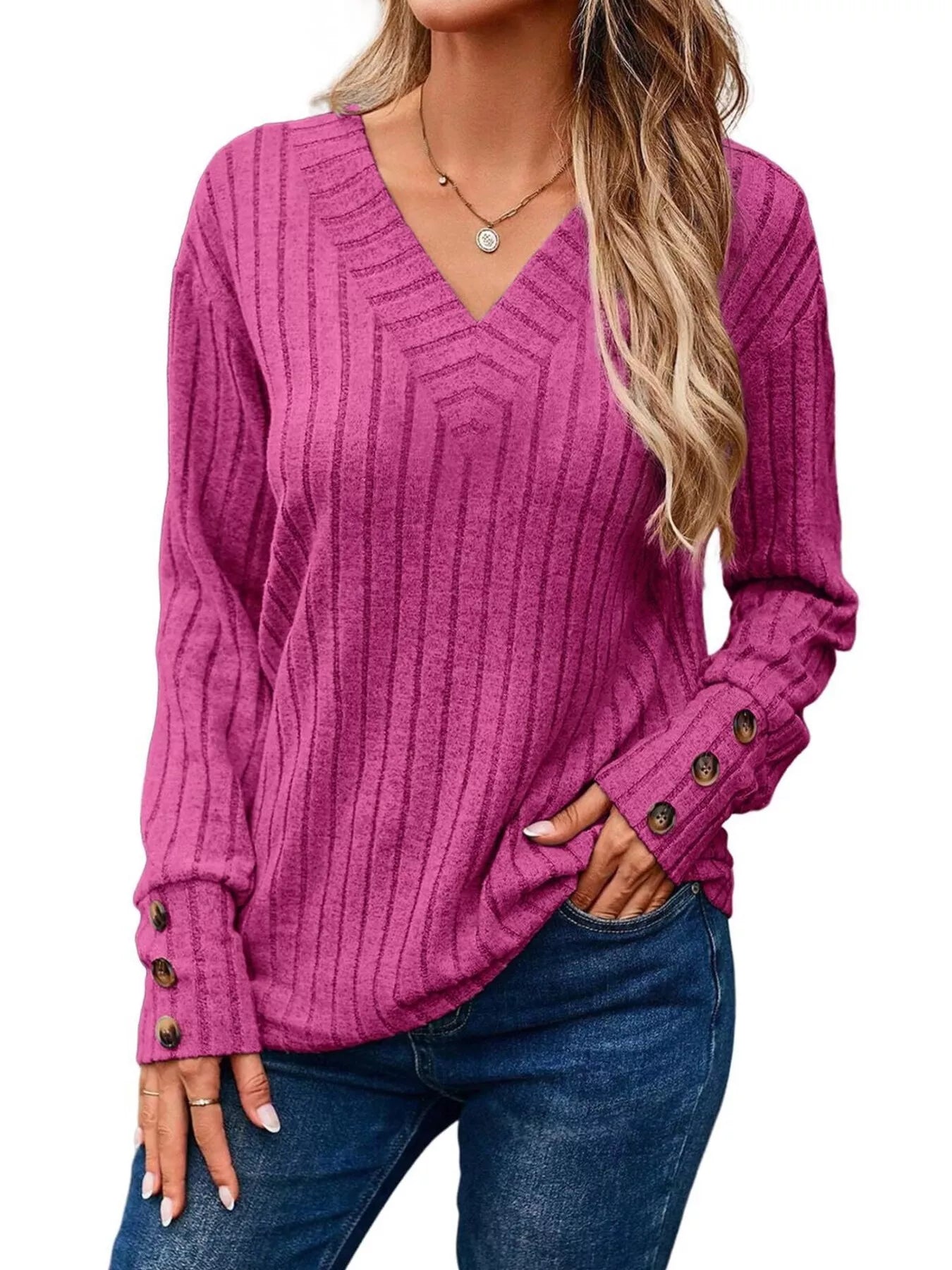 Ribbed V-Neck Long Sleeve Top 