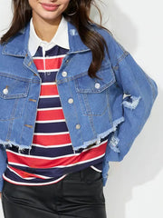 Raw Hem Collared Neck Cropped Denim Top 