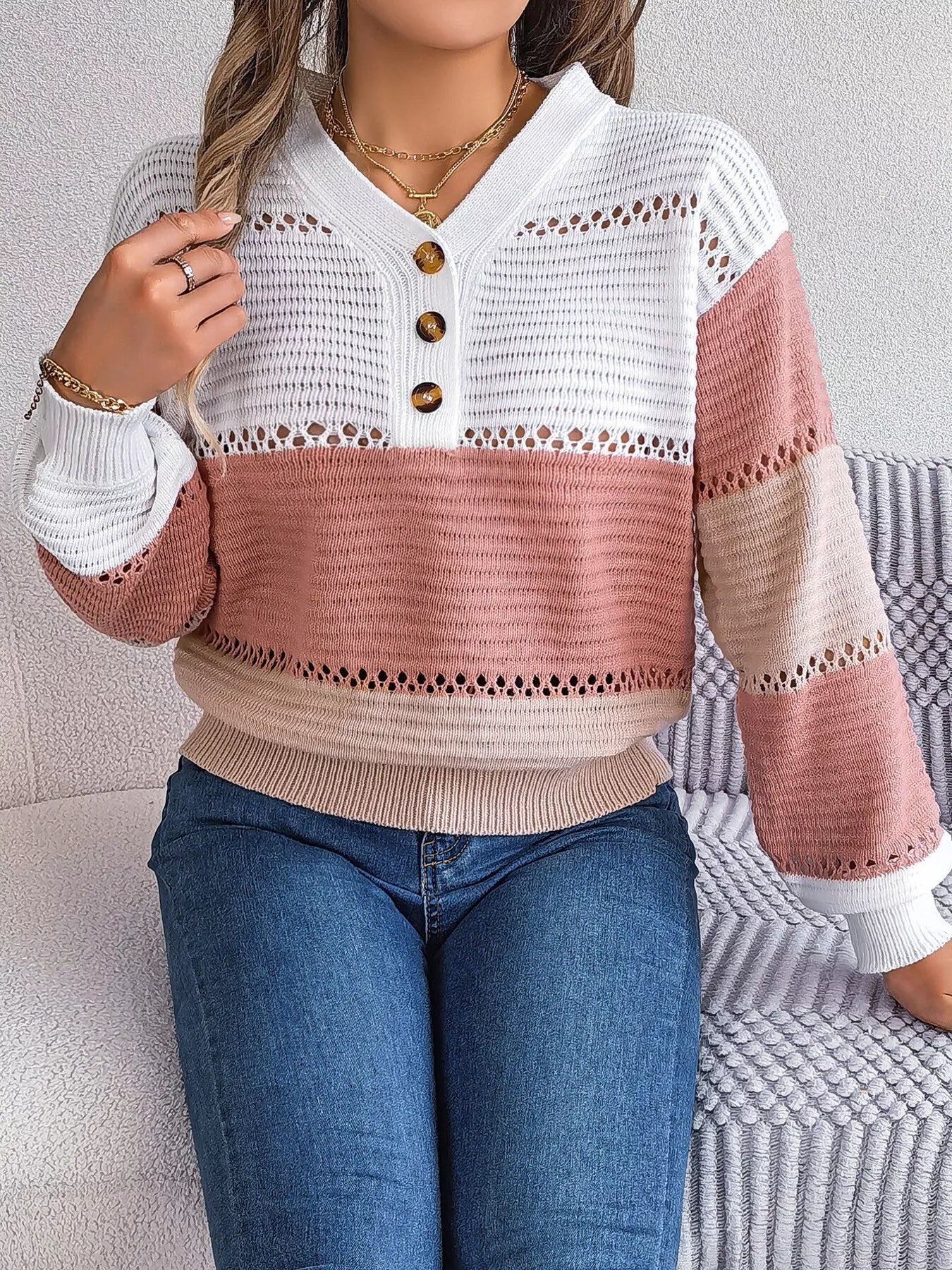 Color Block Striped V-Neck Button Detail Sweater 