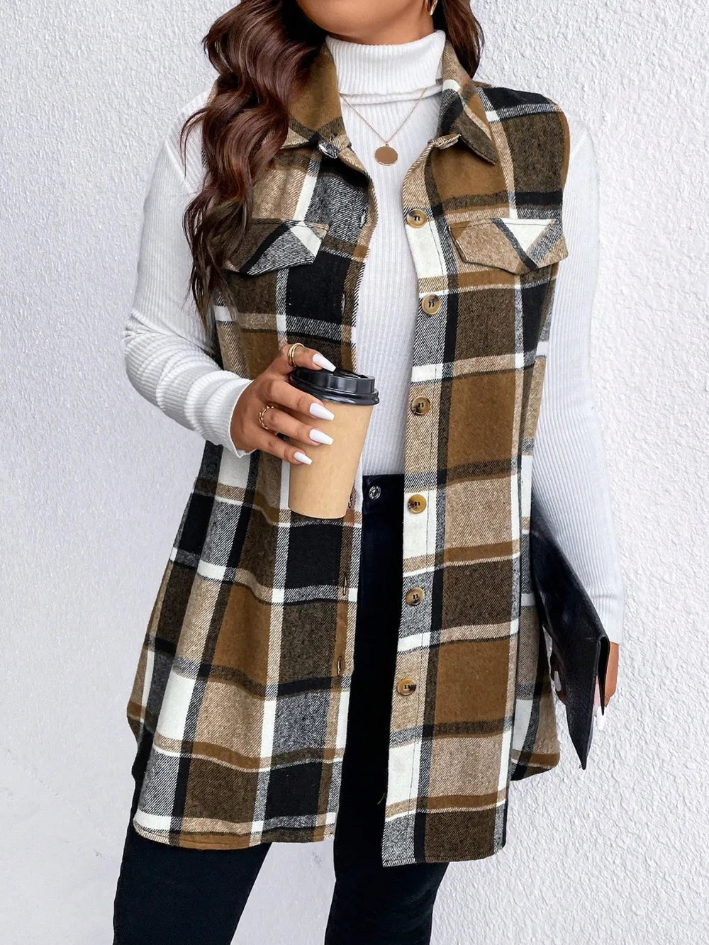 Honey Plus Size Pocketed Plaid Button Up Vest Coat 