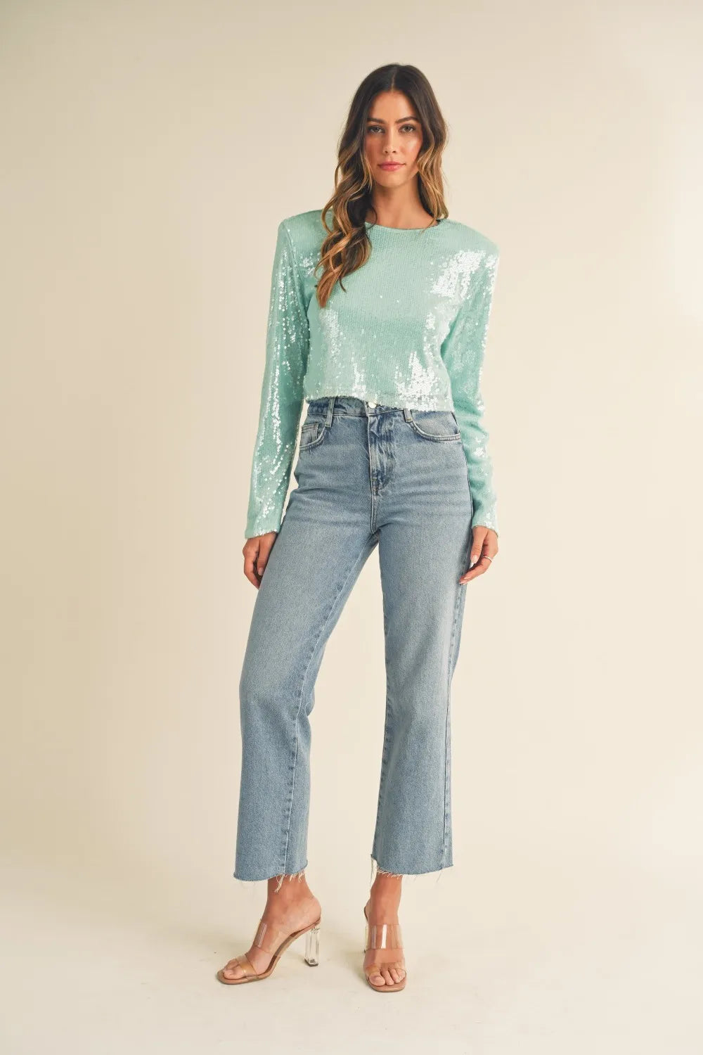 MABLE Shoulder Padded Sequin Crop Top 