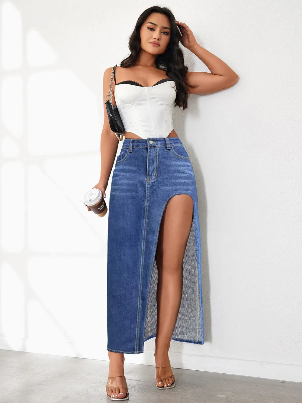 High Rise Slit Denim Skirt 