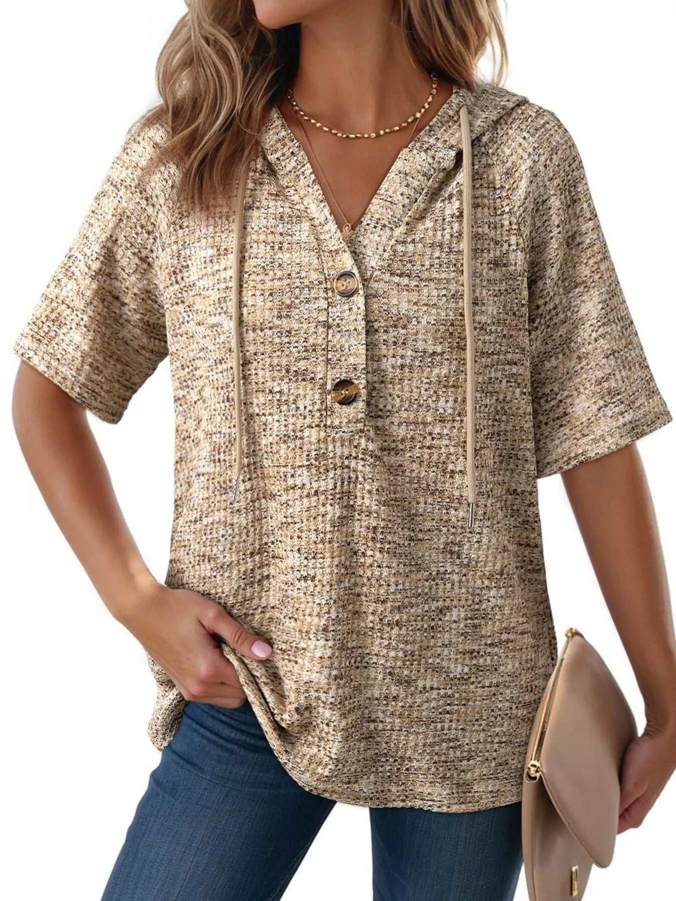 Drawstring Short Sleeve Hooded Top 