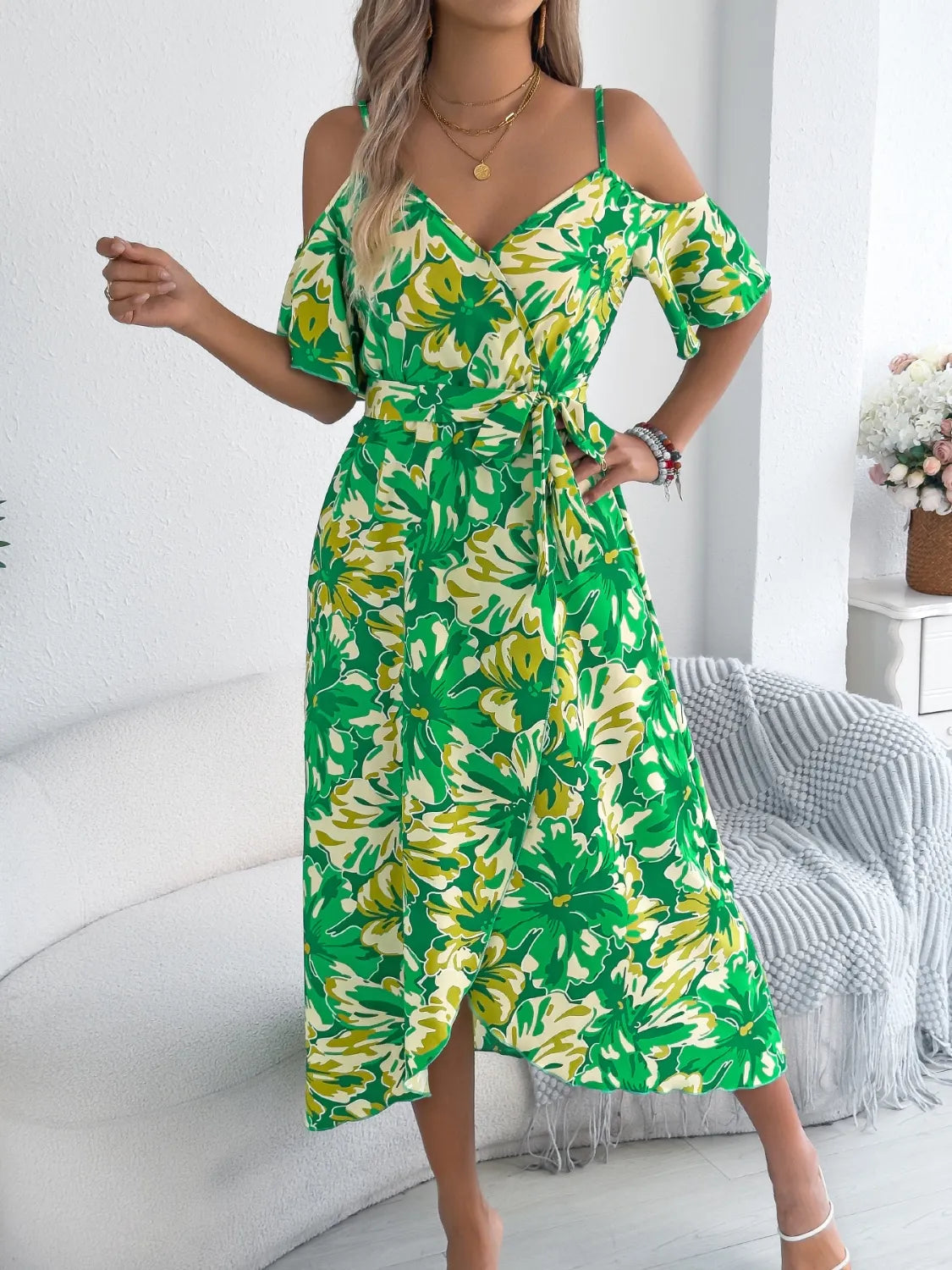 Printed Cold Shoulder Midi Cami Dress 