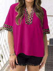 Leopard Patchwork Trim Split Neck Short Sleeve Blouse 