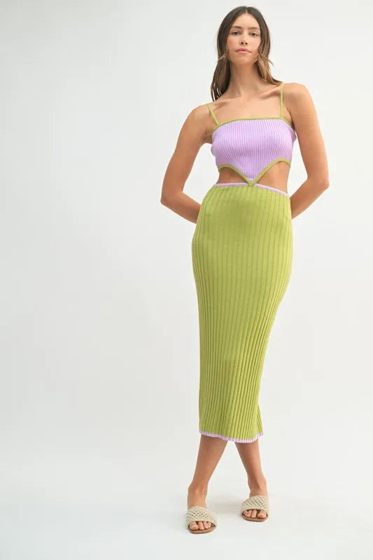 MABLE Ribbed Knit Color Block Cutout Midi Dress 