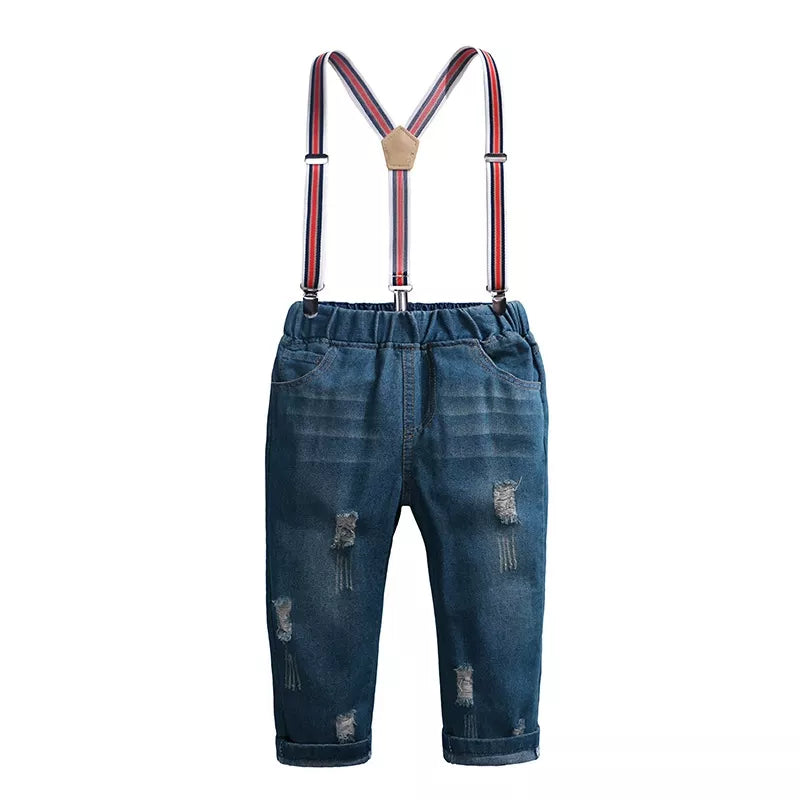 Children's Plaid Shirt & Distressed Jeans with Suspenders Set 