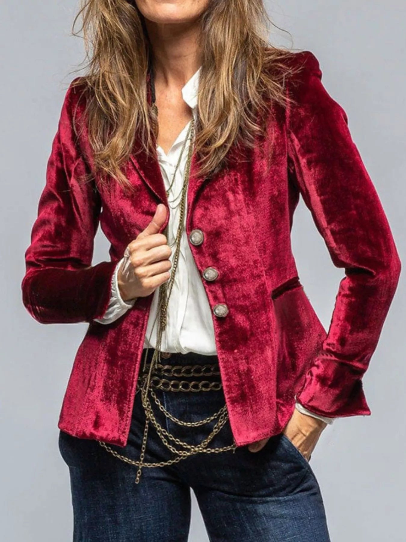 Velvet Lapel Collar Button Up Blazer 