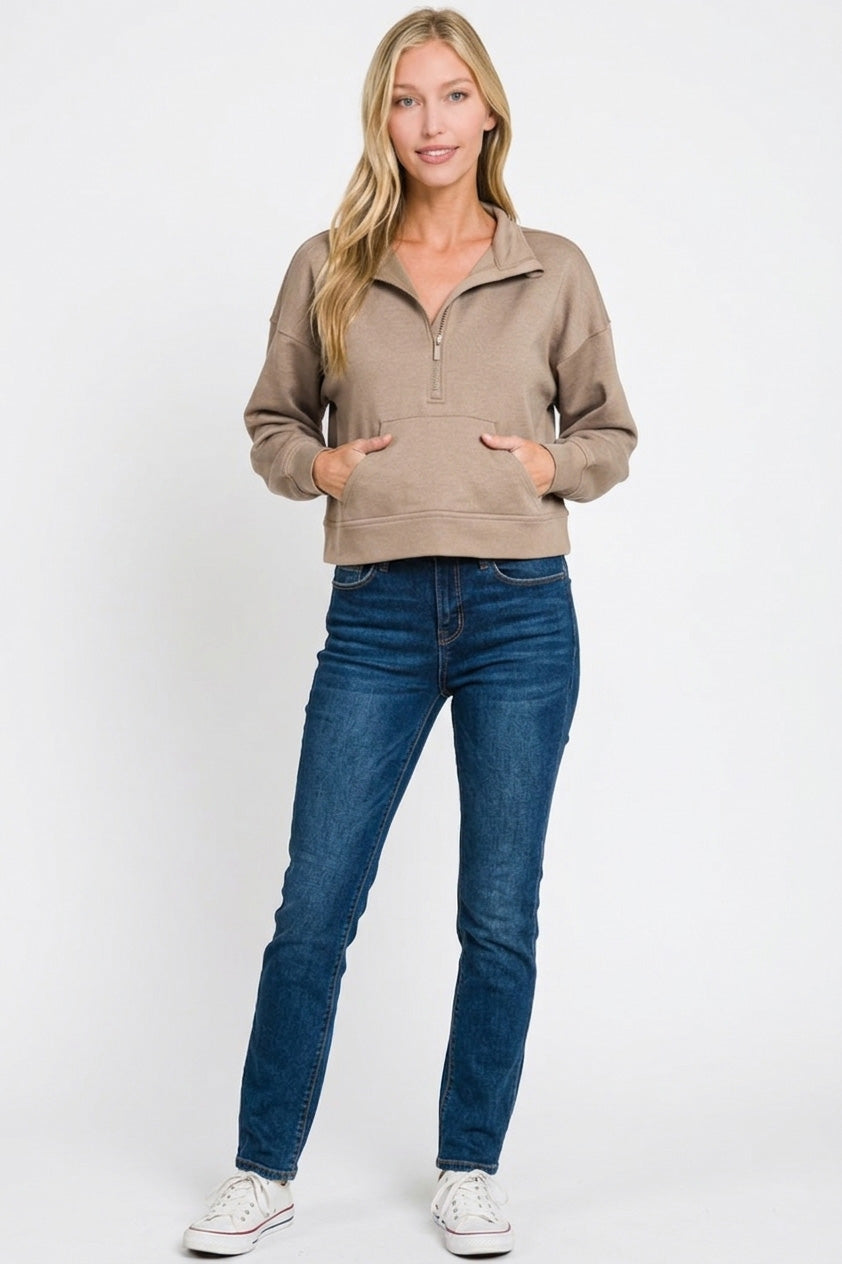 Zenana Scuba Half Zip Pullover With Kangaroo Pockets 