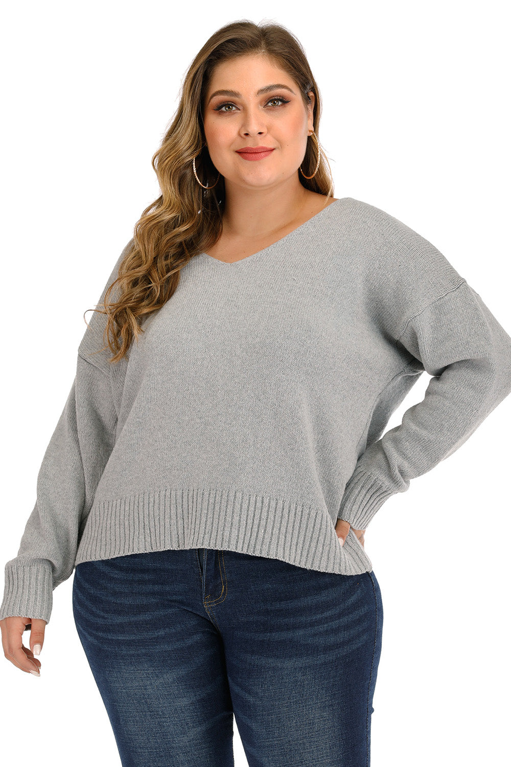Plus Size V Neck Pullover Sweater 