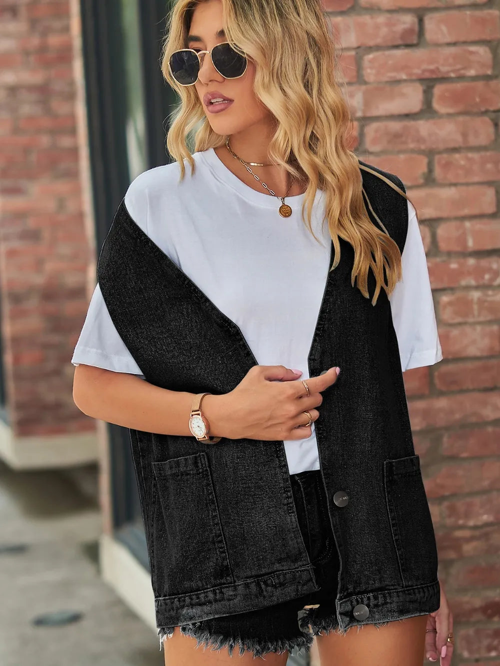 Full Size V-Neck Button Up Denim Vest 