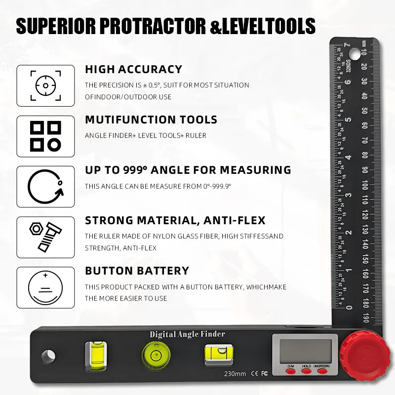DualCheck 4-in-1 Digital Angle Ruler | 360° Finder With Bubble Levels 