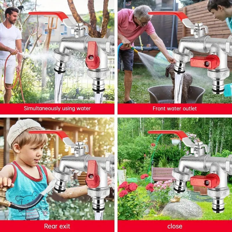DualFlow Stainless Steel 2-Outlet Garden Faucet | Screw-On Hose Bib Splitter 