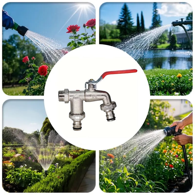 DualFlow Stainless Steel 2-Outlet Garden Faucet | Screw-On Hose Bib Splitter 