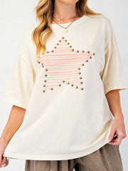 Star Print Stud Detail Cotton Jersey Top 