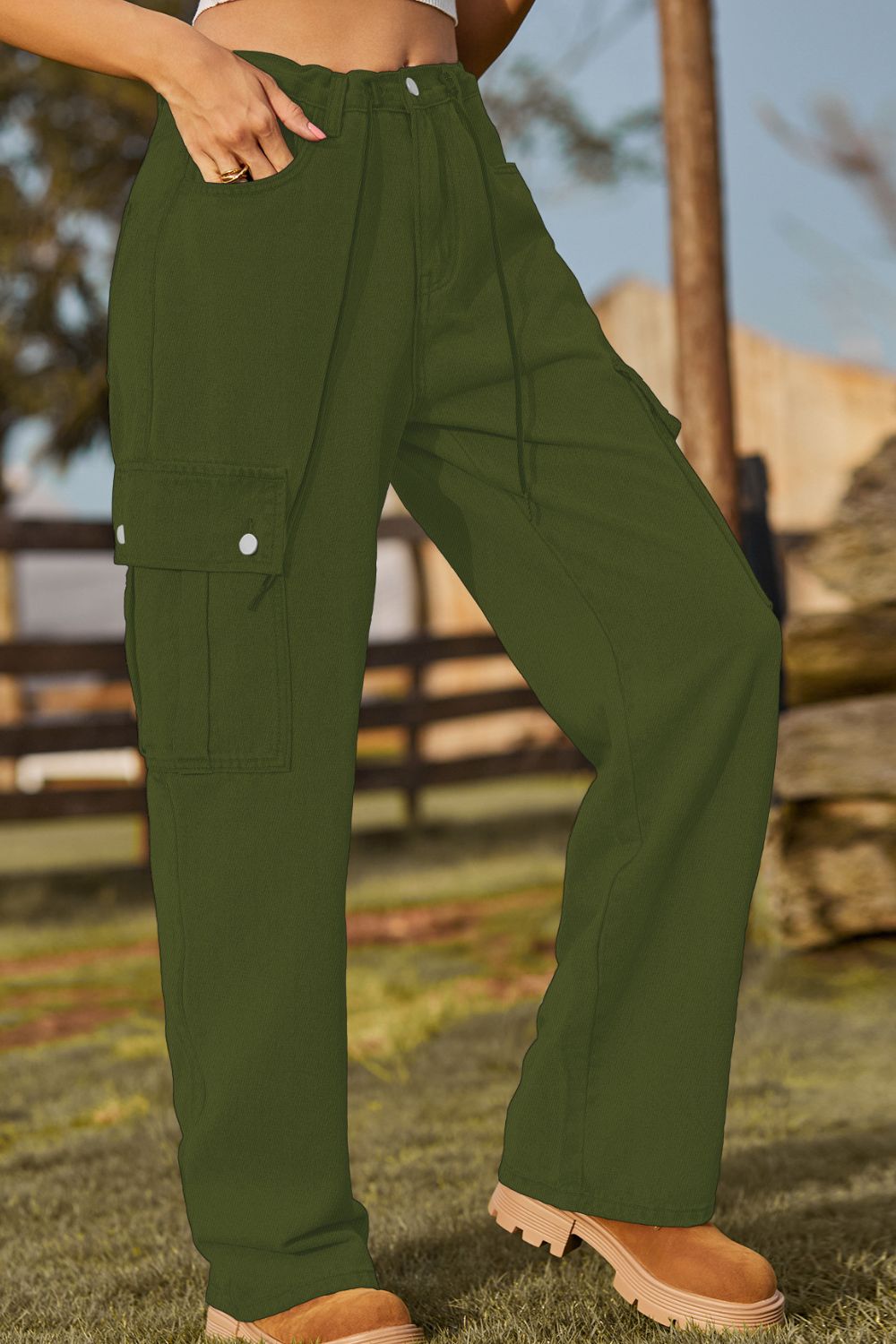 Loose Fit Drawstring Jeans with Pocket 