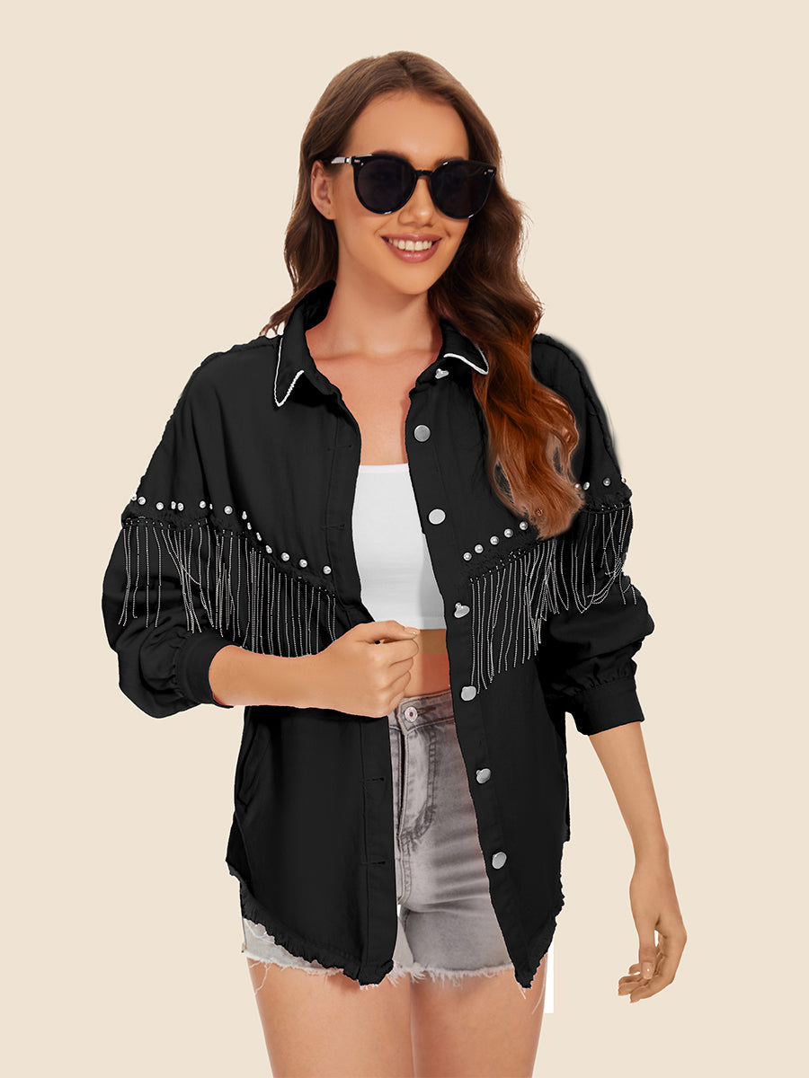 Raw Hem Fringe Detail Denim Jacket 