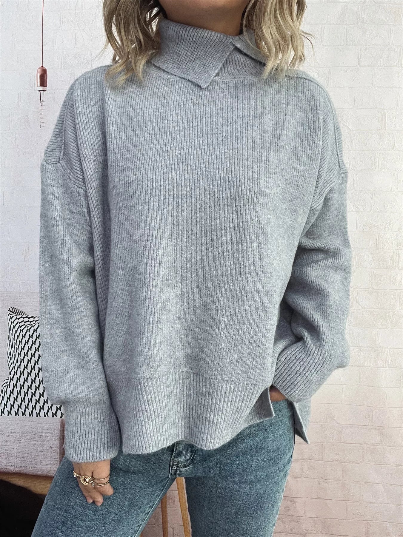 Slit Turtleneck Long Sleeve Sweater 