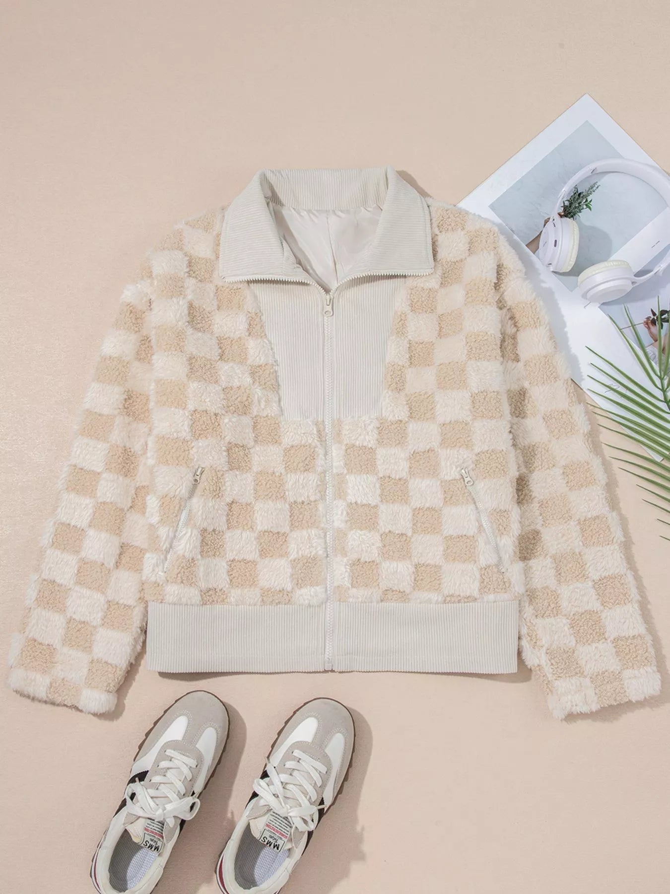 Checker Sherpa Corduroy Patchwork Zip Up Jacket 