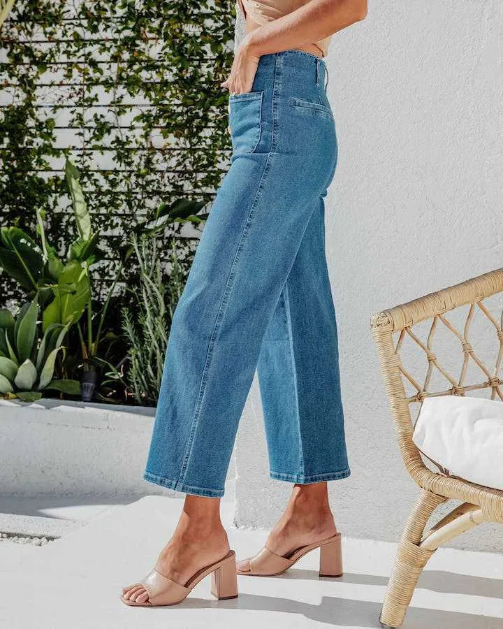 Button Fly Cropped Jeans with Pockets 