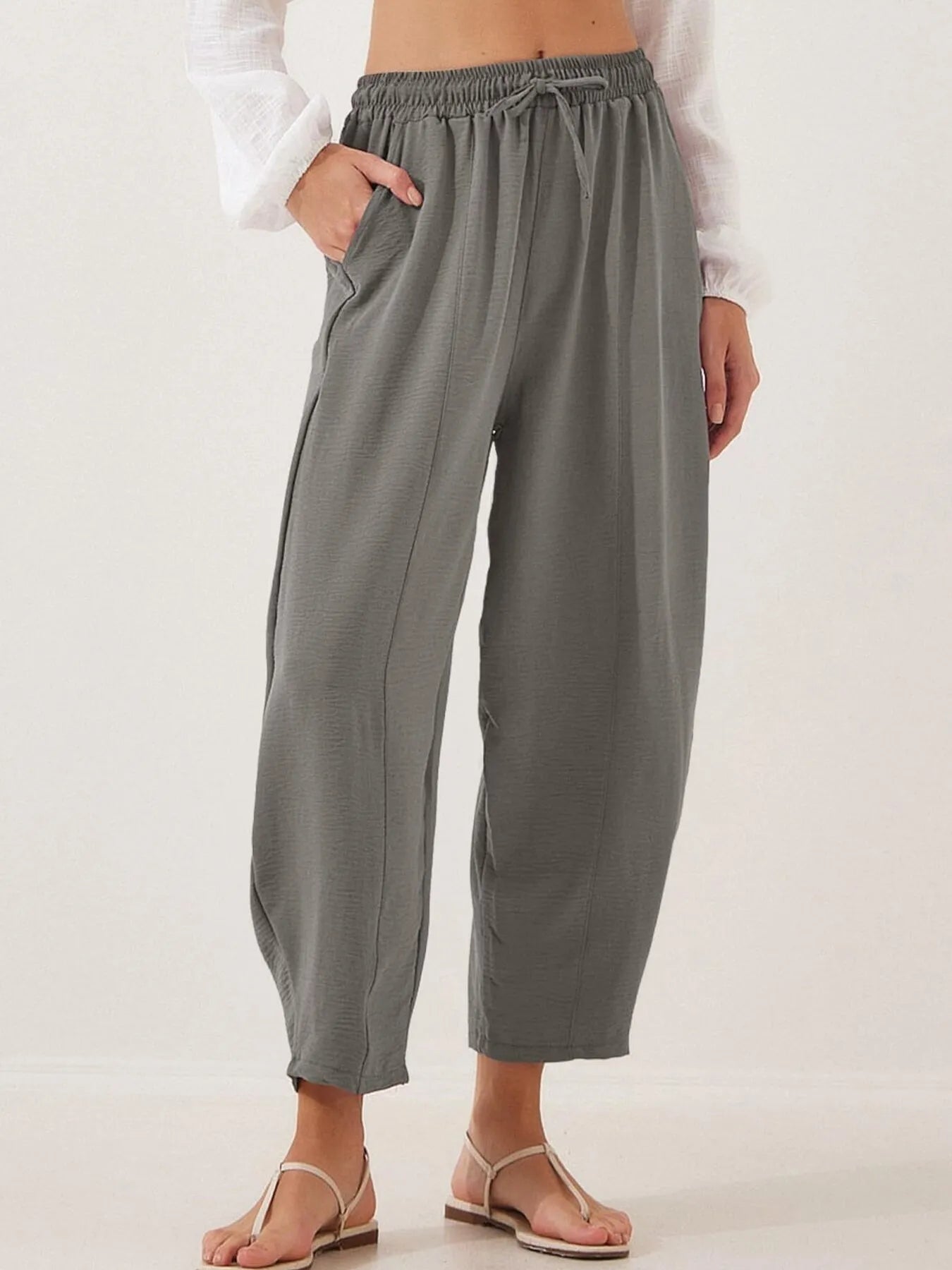 Full Size Drawstring Wide Leg Cropped Pants Plus Size 