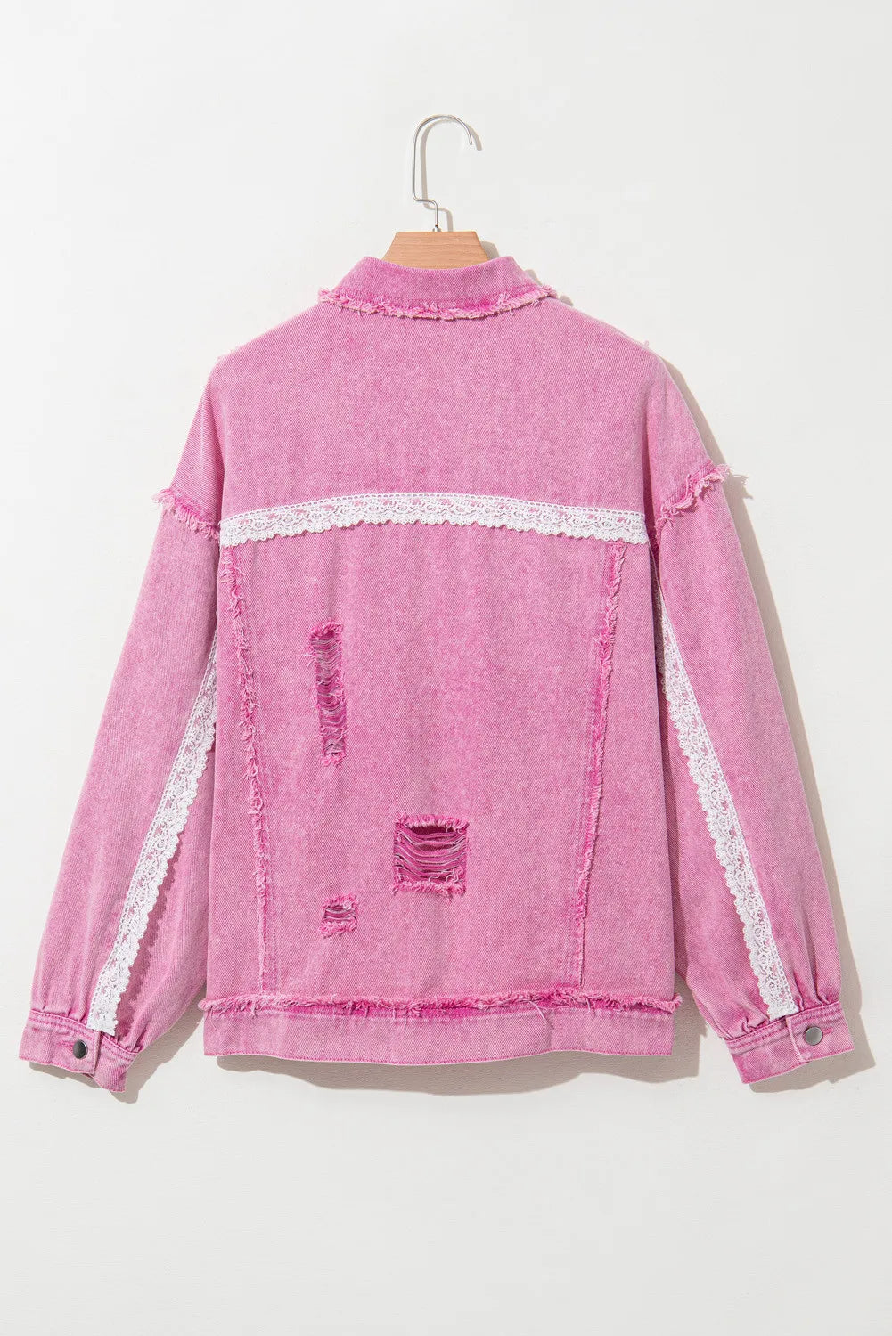 Lace Detail Distressed Raw Hem Long Sleeve Denim Jacket 