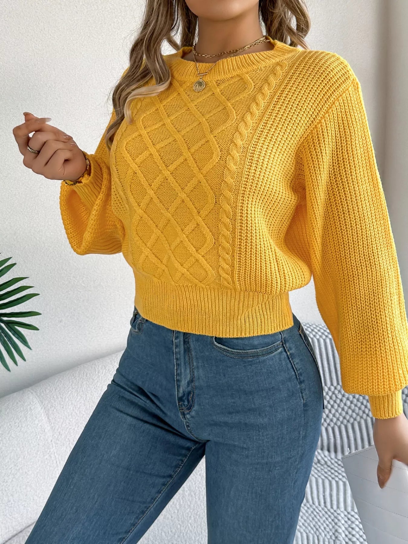 Cable Knit Diamond Pattern Long Sleeve Sweater 