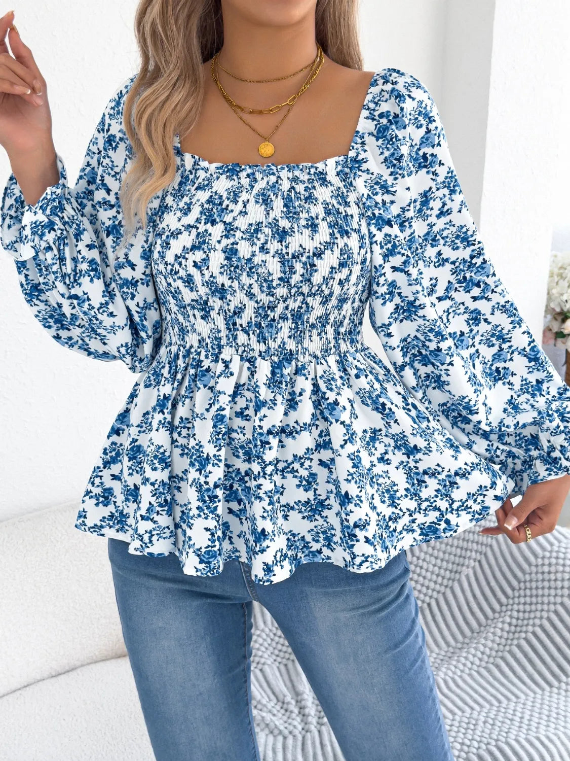 Floral Square Neck Flounce Sleeve Blouse 