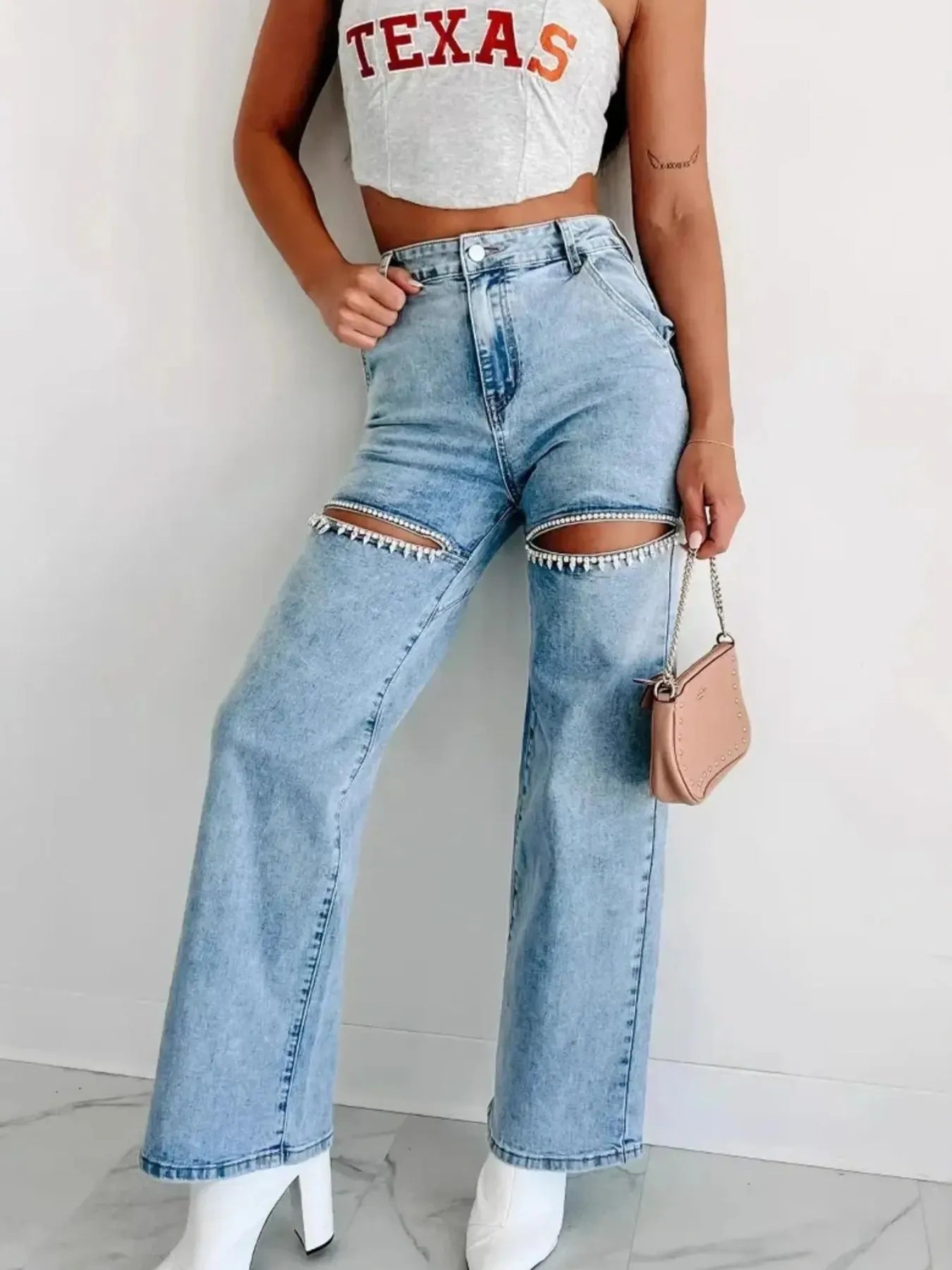 High Waist Cut-Out Wide Leg Jeans 