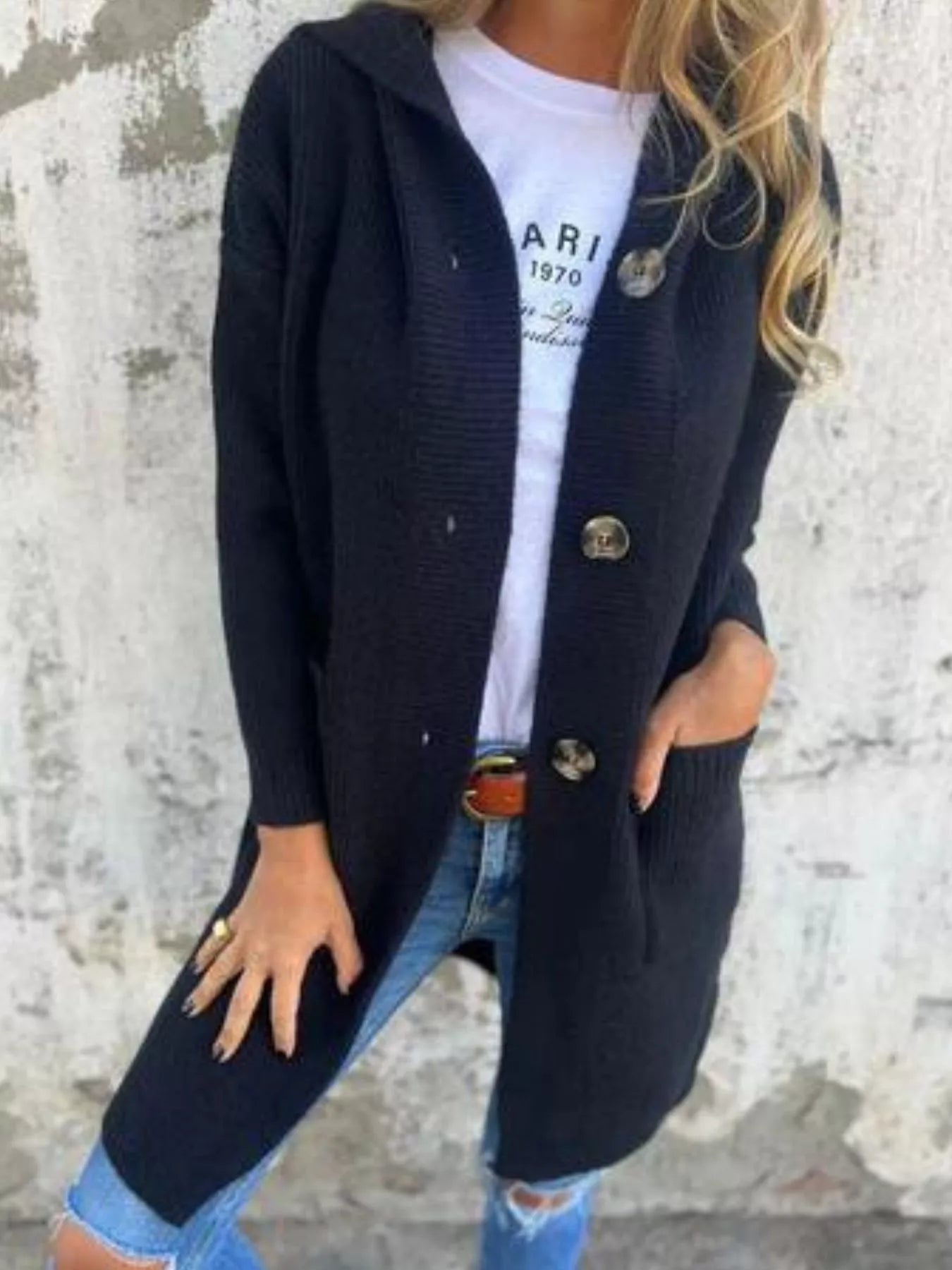 Full Size Button-Down Hooded Cardigan Plus Size 