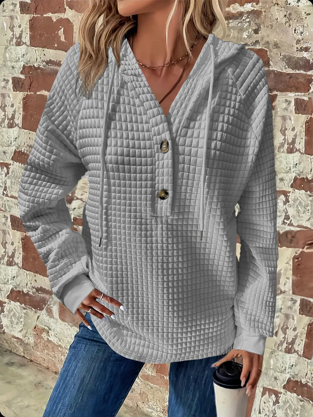 Full Size Texture Button Detail Drawstring Long Sleeve Hoodie 