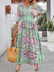 Smocked Printed Half Sleeve Dress 