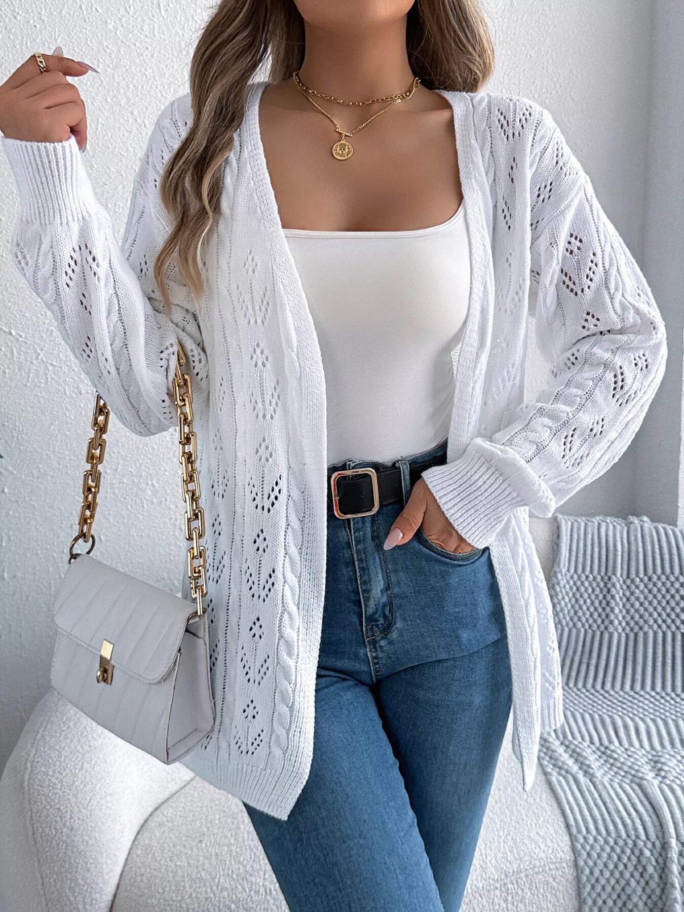 Openwork Open Front Long Sleeve Cardigan 