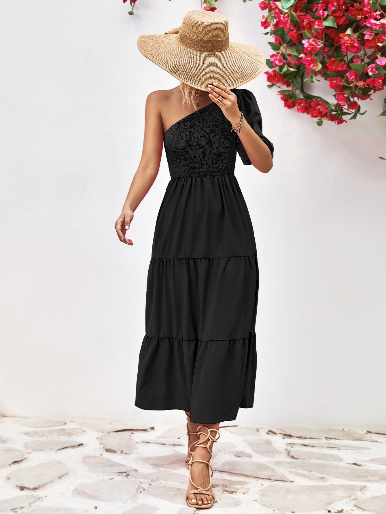 Smocked One-Shoulder Midi Dress 