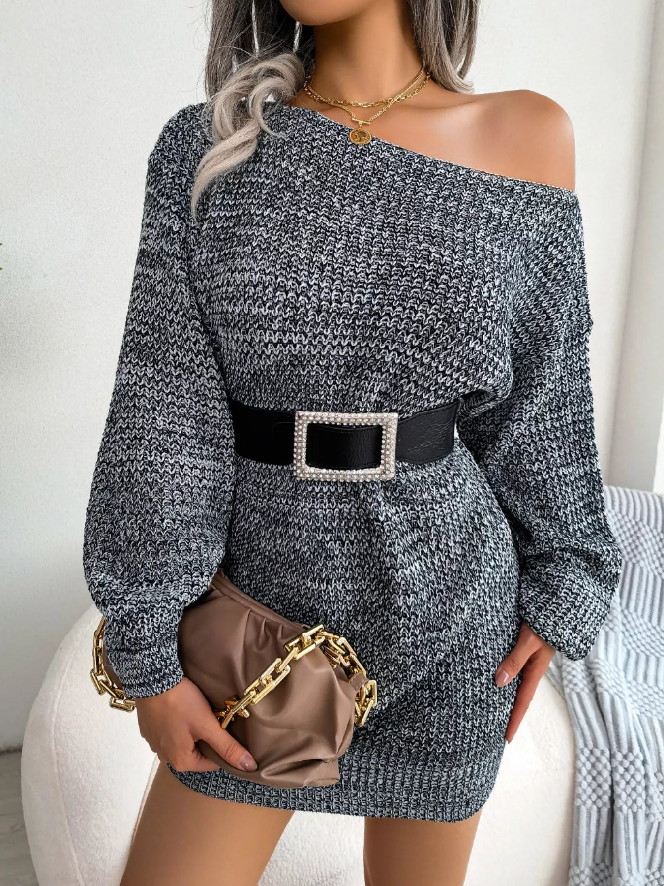 Multi-Color One-Shoulder Sweater Dress 