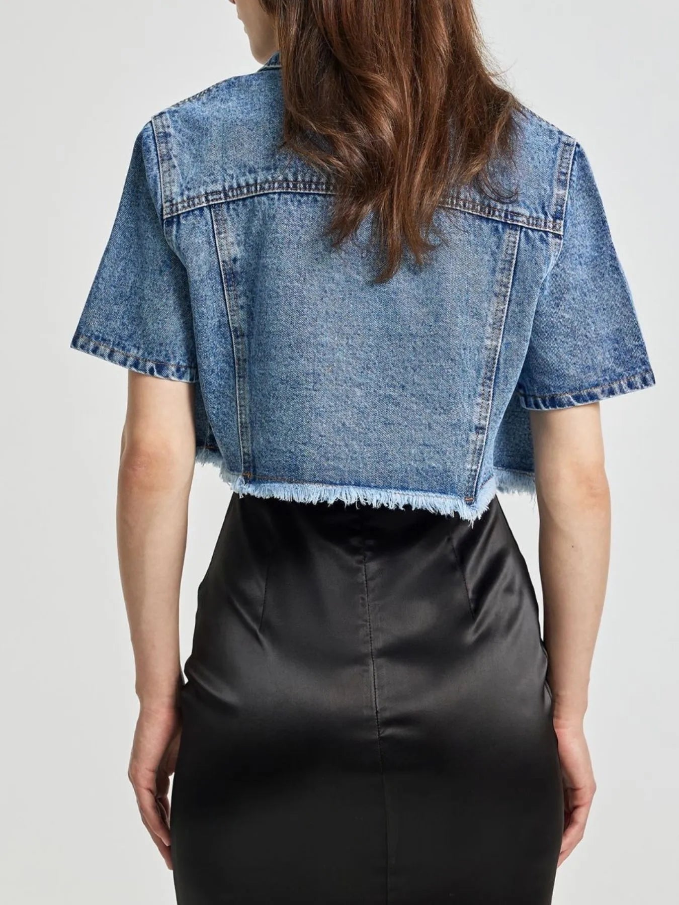 Cropped Short Sleeve Denim Jacket with Frayed Hem 