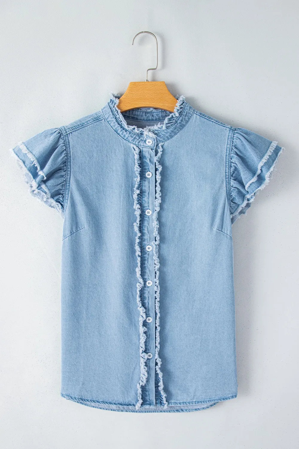 Button Down Raw Hem Ruffled Denim Shirt 