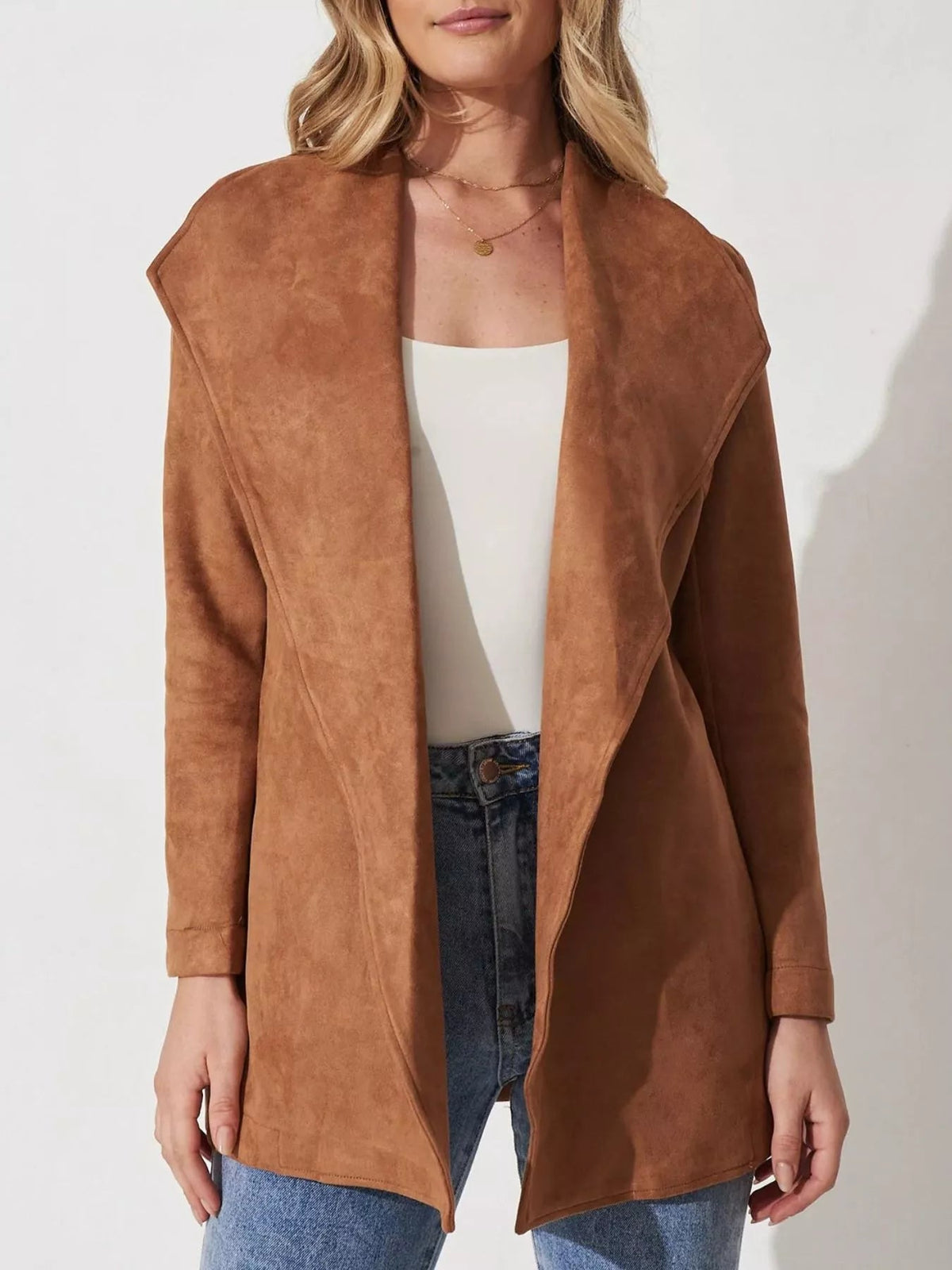 Suede Tie Waist Long Sleeve Outerwear 