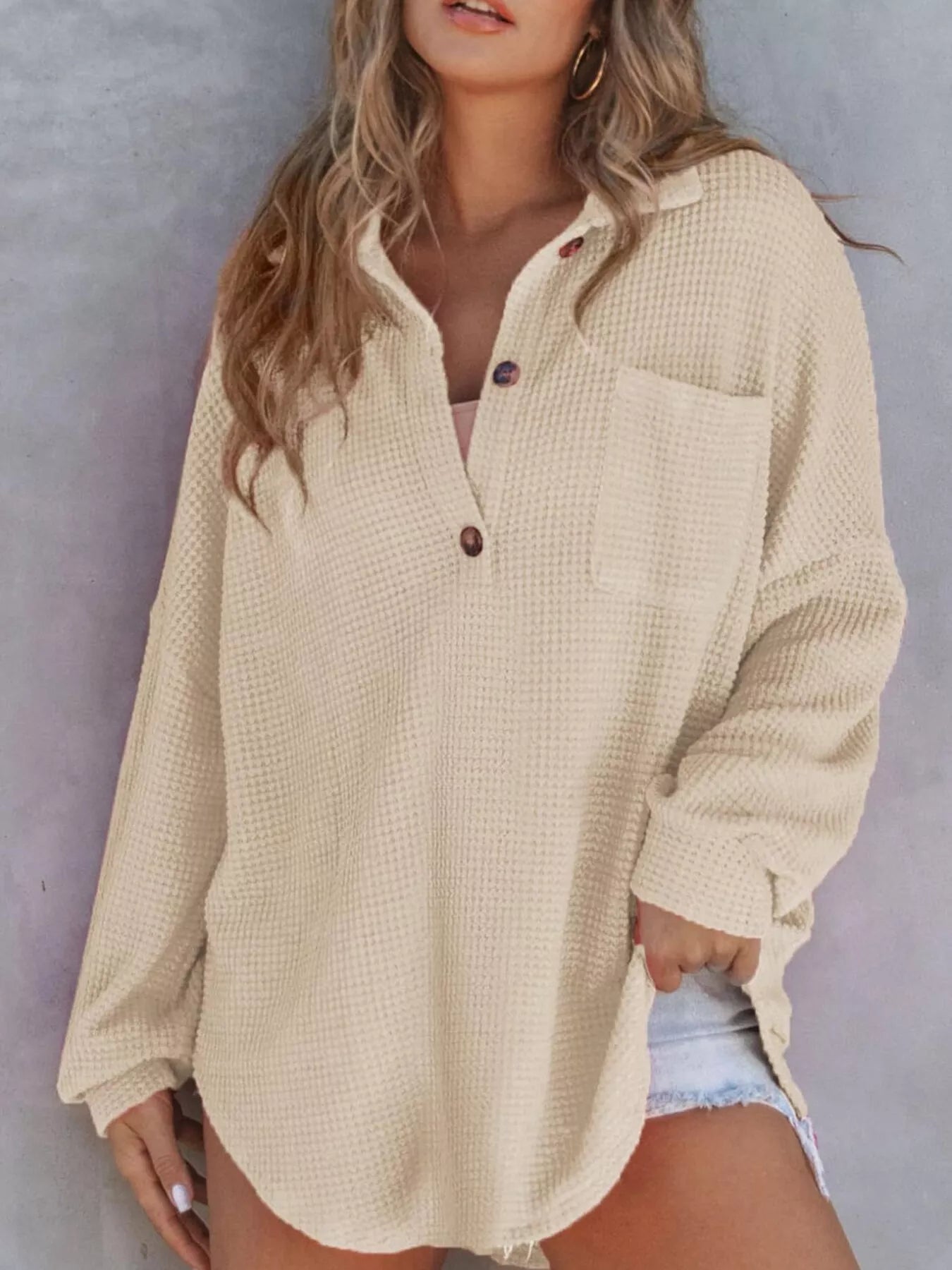 Casual Waffle Knit Button Detail Blouse 