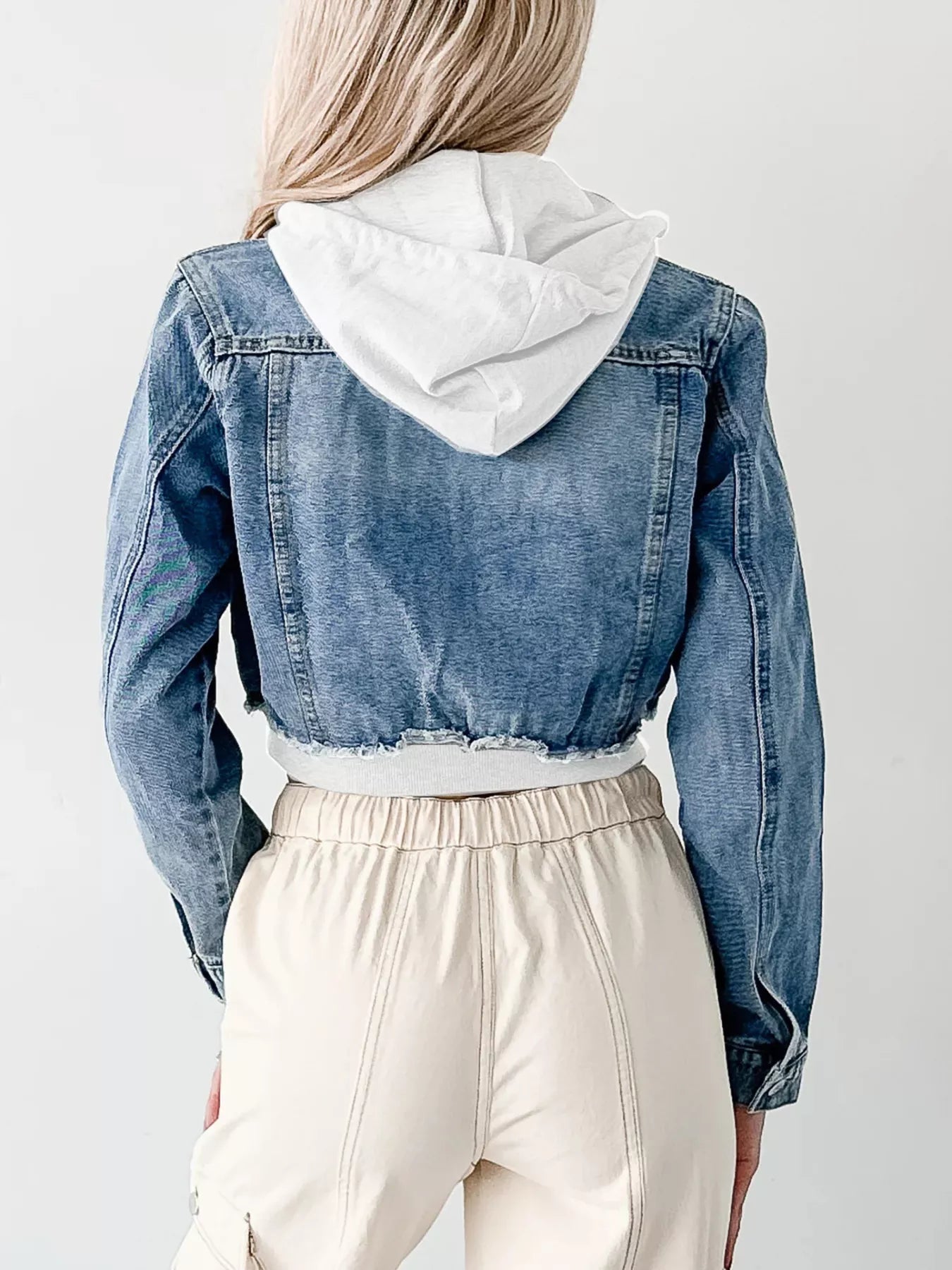 Distressed Zip Up Cropped Hooded Denim Jacket 