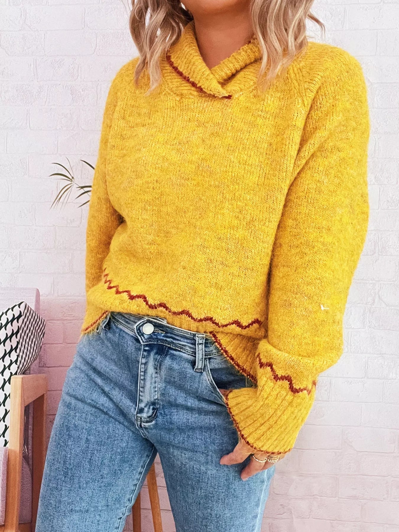 Ribbed Contrast Trim Long Sleeve Sweater 