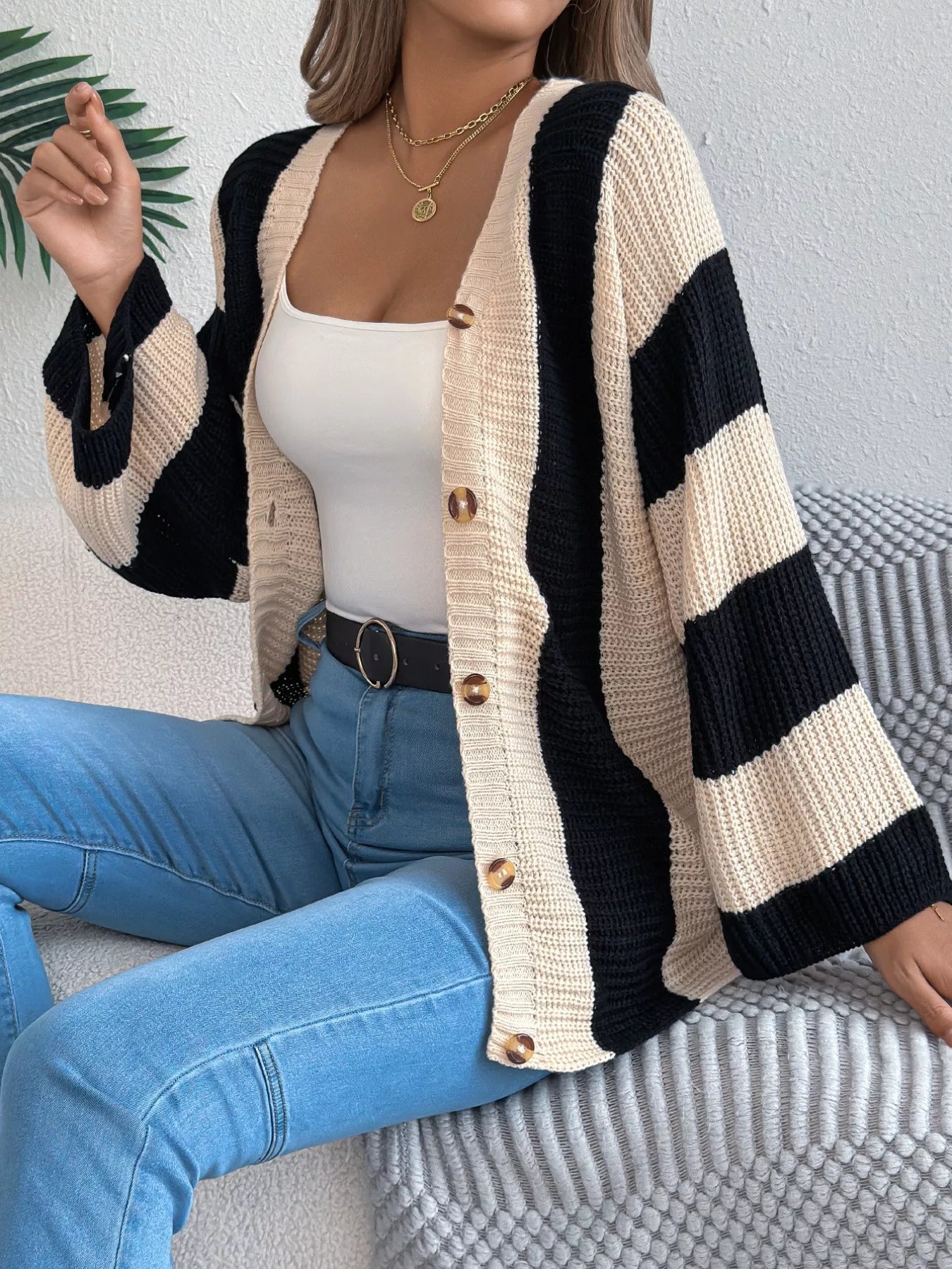 Color Block Button-Up Cardigan 