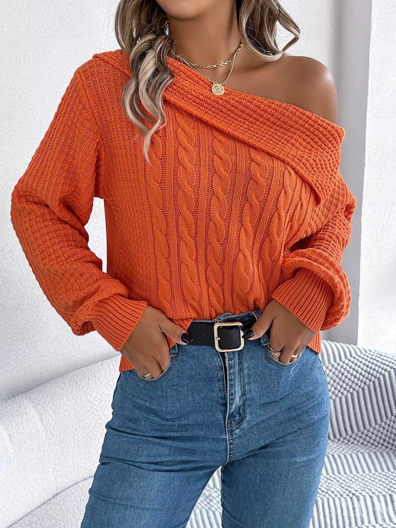 Off-Shoulder Cable Knit Sweater 