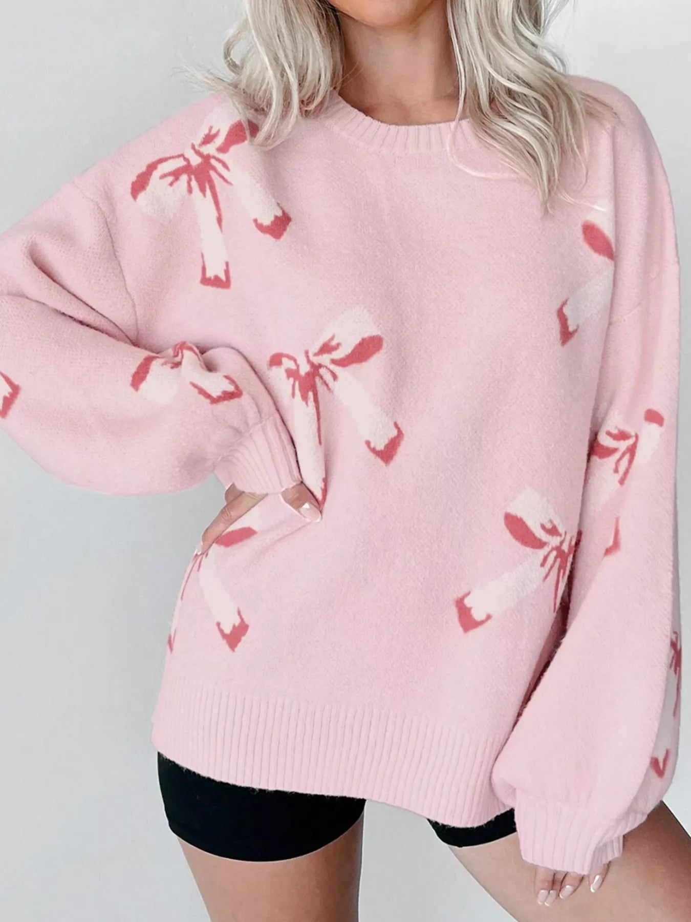 Bow Round Neck Dropped Shoulder Sweater 