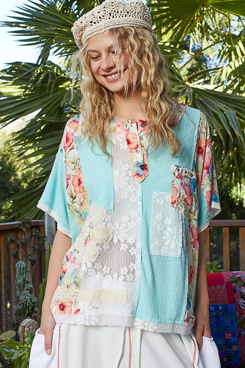 POL Lace Round Neck Short Sleeve Floral Pattern Top with Patch Detail 