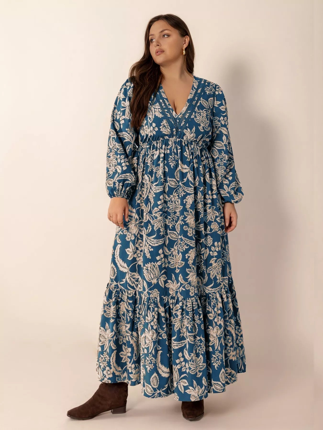 Plus Size Boho Floral Print Long Sleeve Maxi Dress 