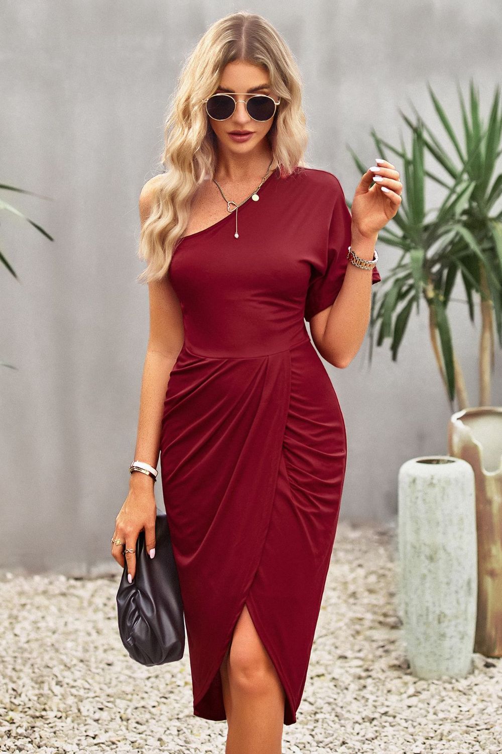 Devine Ruched One-Shoulder Tulip Hem Dress 