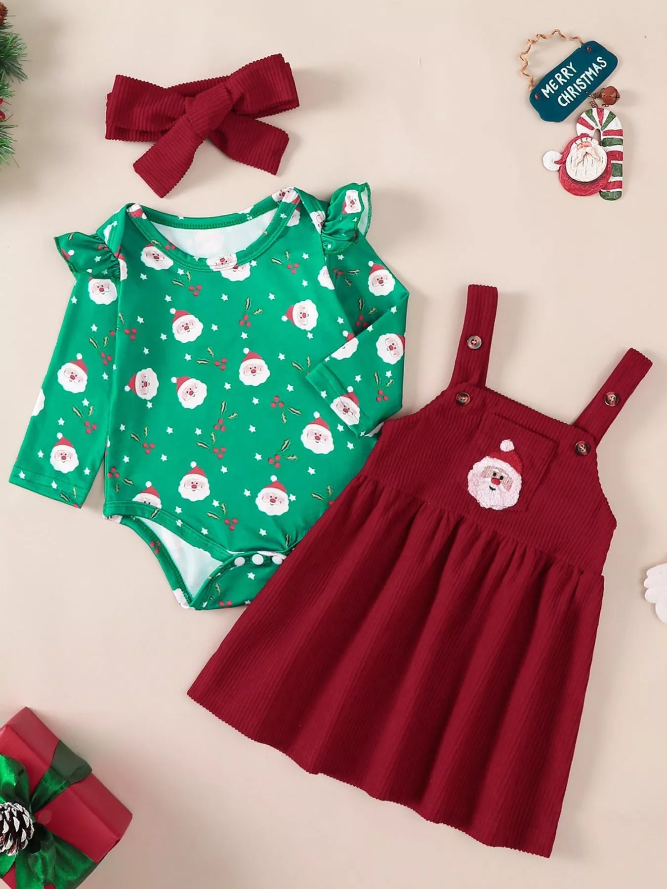 Children's Christmas Bodysuit and Overall Dress Set with Headband 